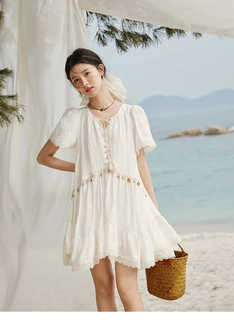 MISOHW Bohemian Solid Women's Summer Dress New 2025 Short Sleeve V-neck Shell Lace Midi Dresses for Woman Fashion MXE33L2195