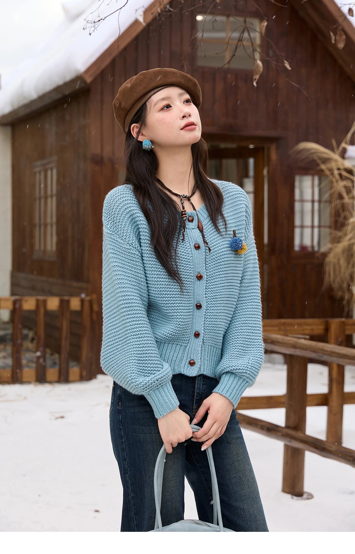 MISHOW Blue Knitted Cardigan 2025 Autumn Winter New Crew Neck Pompom Decorated Sweater Commute Elegant Loose Top MXE51Z2551