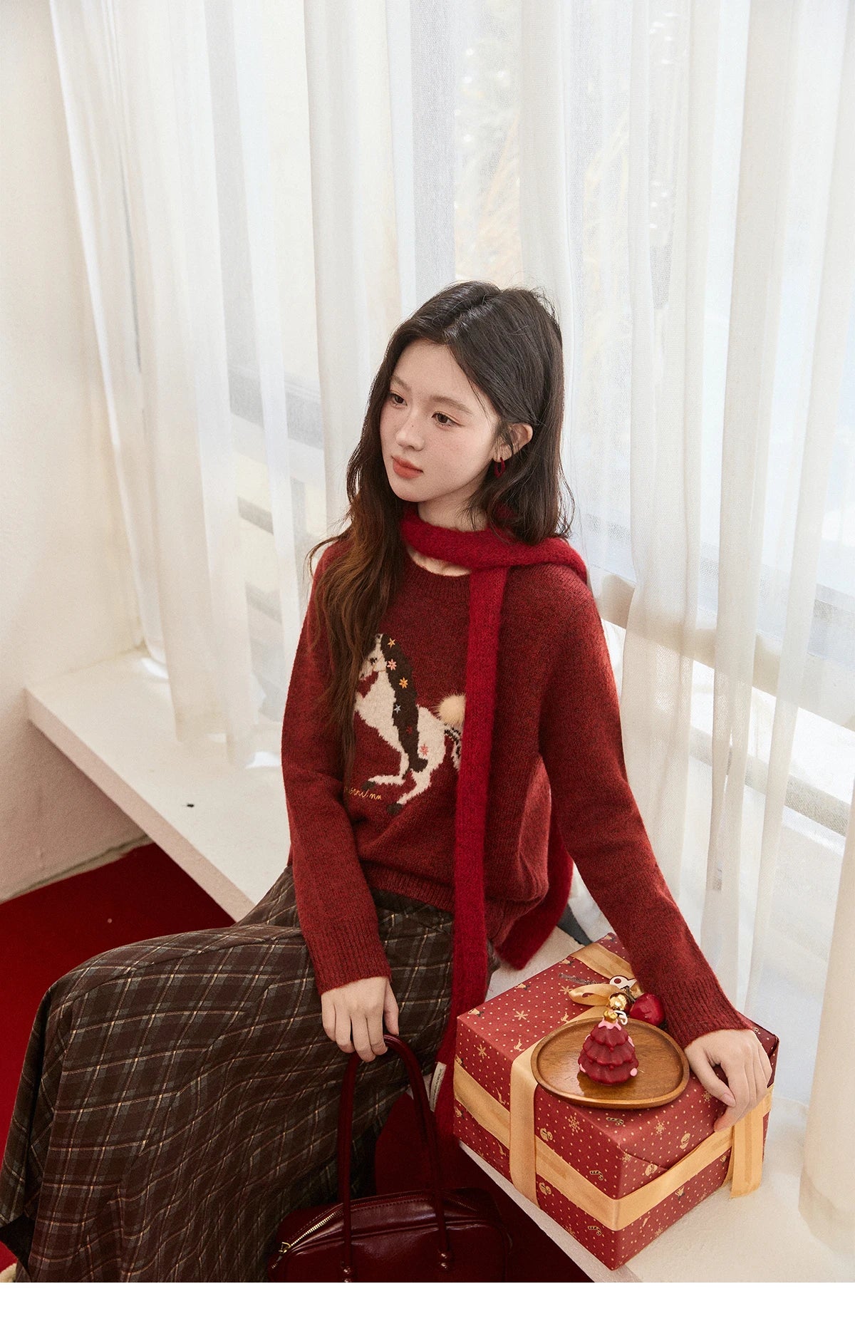 MISHOW Women's Christmas Red Jacquard Embroidered Pony Sweater 2025 Winter Thick Knitted Tops (Scarf Not Included) MXE94Z2861