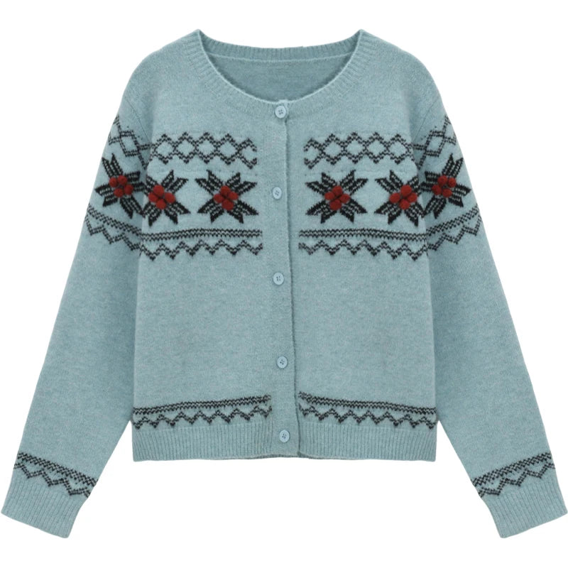 MISHOW Women's Geometric Jacquard Fair Isle Sweater 2025 Winter Retro Blue O-Neck Single-breasted Commuter Cardigan MXE86Z2734