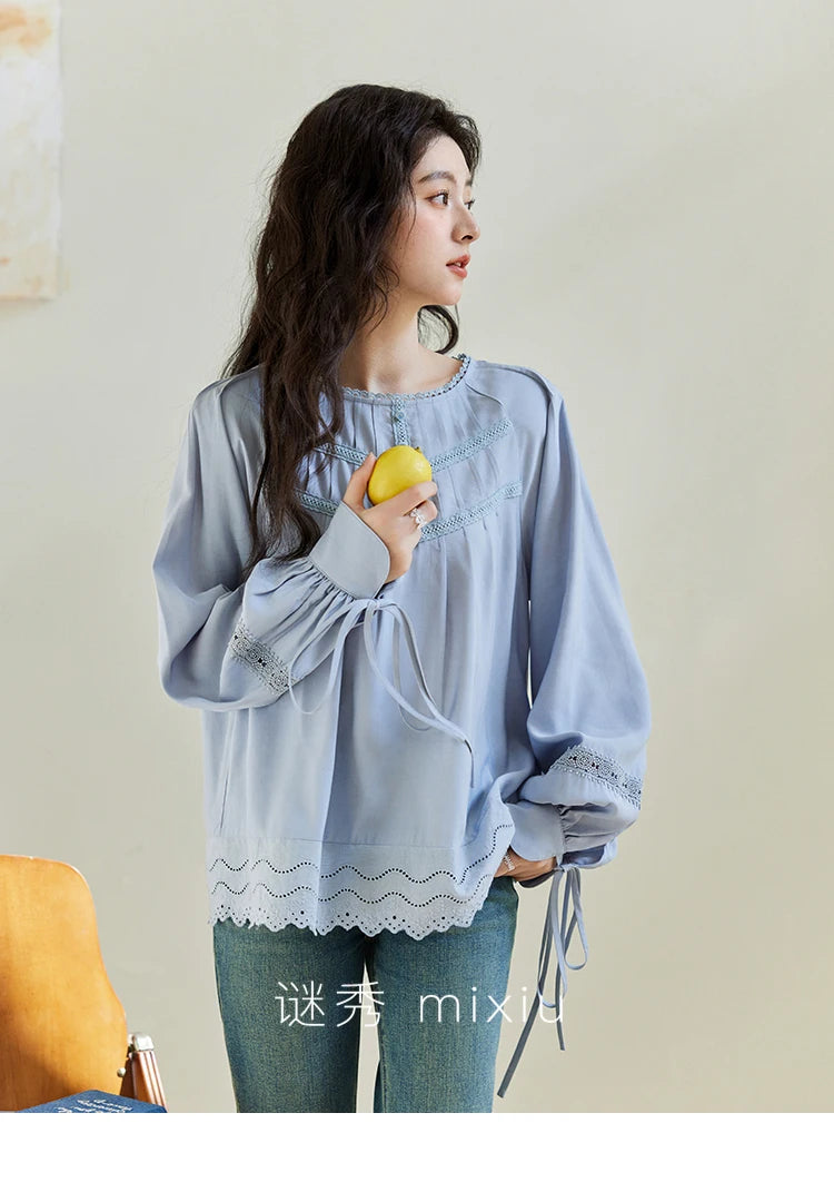 MISHOW Blue Lace Patchwork Shirt for Women 2025 Spring Sleeve Lace-up Hem Wave Edge Top Lantern Sleeve Loose Shirt MXE14X1716