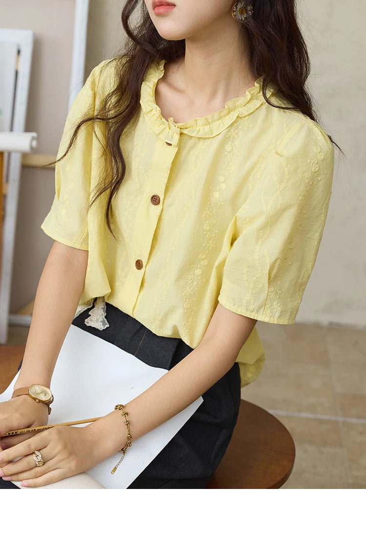 MISHOW 100% Cotton Women's Puff Sleeve Shirt 2025 Summer New Fashion Round Neck Button Top Casual Female Clothing MXE36X1873