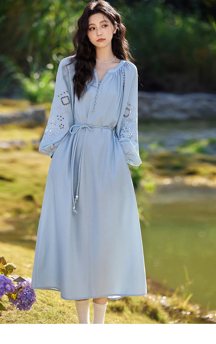 MISHOW French Hollow Lace Dress for Women 2025 Spring Vacation Slim Waist V-neck Dresses Loose Beach Fairy Dresses MXE12L2091