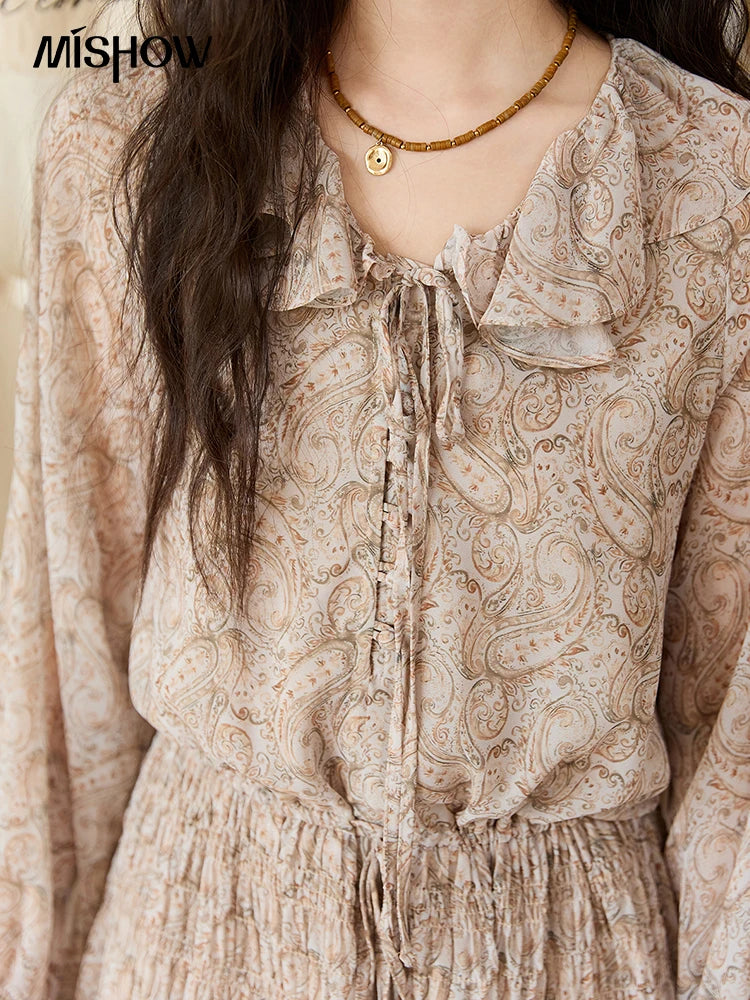 MISHOW Cashew Flower Dress for Woman 2025 Autumn Romantic Style Printed Dress Long Sleeve Ruffled Tie Waist Dress MXE46L2520