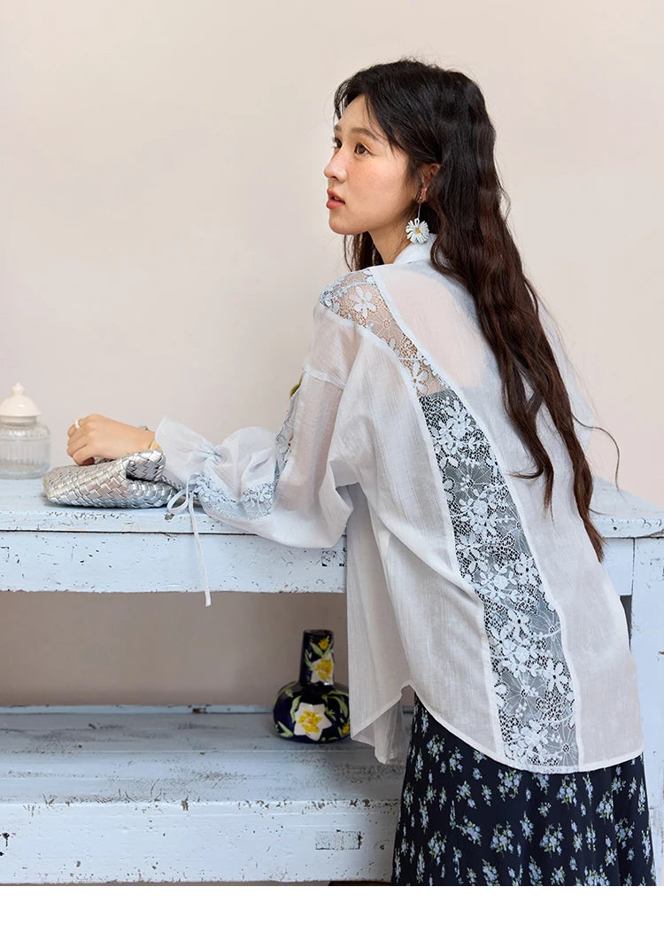 MISHOW Blend Patchwork Lace Cool Shirt Female Autumn 2025 Korean Loose Lapel Drop Sleeve Shirts Drawstring Cuffs Top MXE31C0789