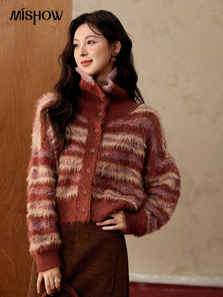 Mishow Red Striped Faux Mink Fur Stand Collar Cardigan MXD59Z1005