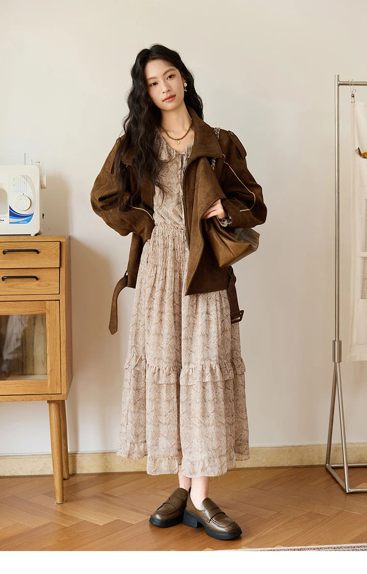 MISHOW Cashew Flower Dress for Woman 2025 Autumn Romantic Style Printed Dress Long Sleeve Ruffled Tie Waist Dress MXE46L2520