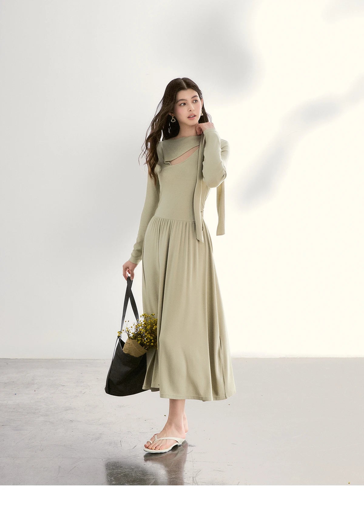 MISHOW Women's Light Green Midi Dress 2026 Spring Cutout Neck Hollow Out Ribbon Dresses Elegant Long Sleeve Dress MXF13L2556
