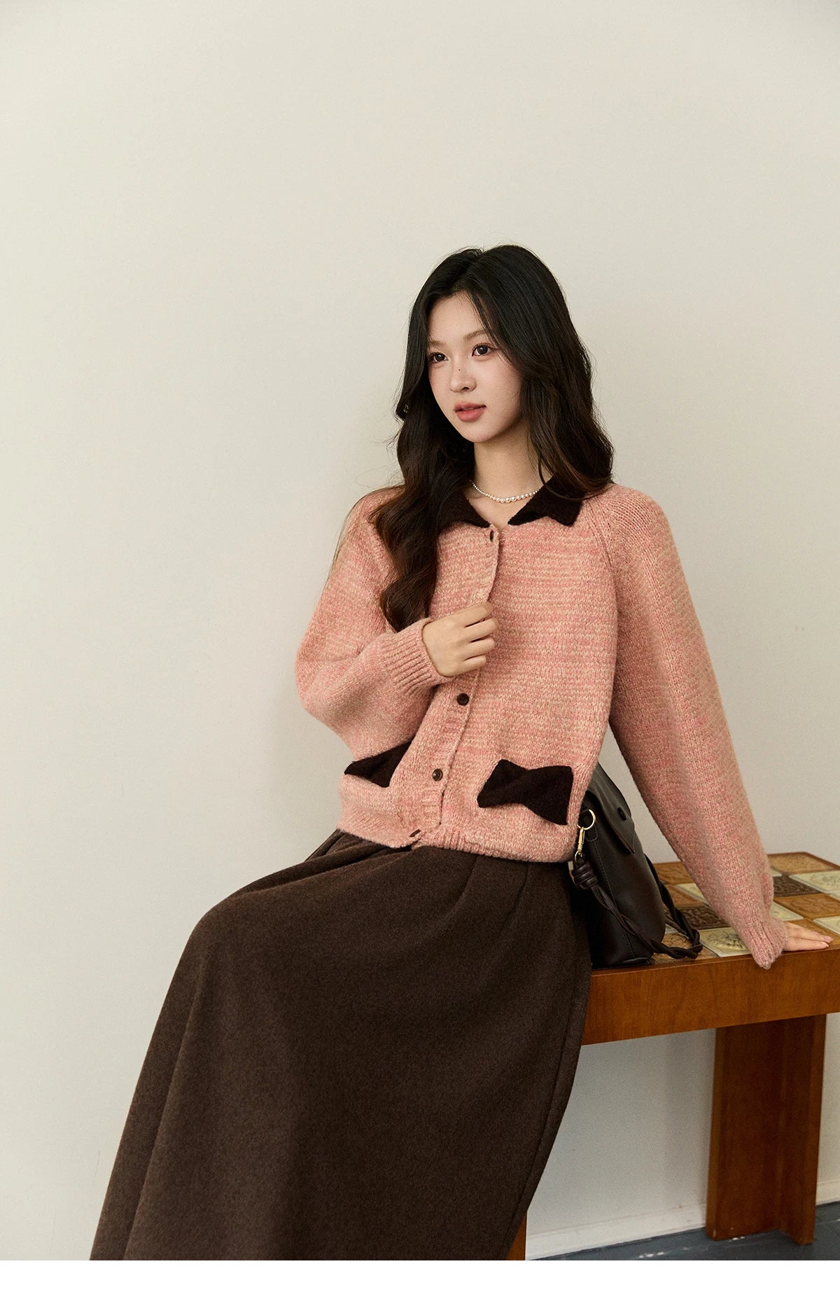 MISHOW Women's Pink Knitted Cardigan Autumn Winter Contrast Collar Bow Pocket  Top Single-breasted Loose Warm Sweater MXE94Z2957