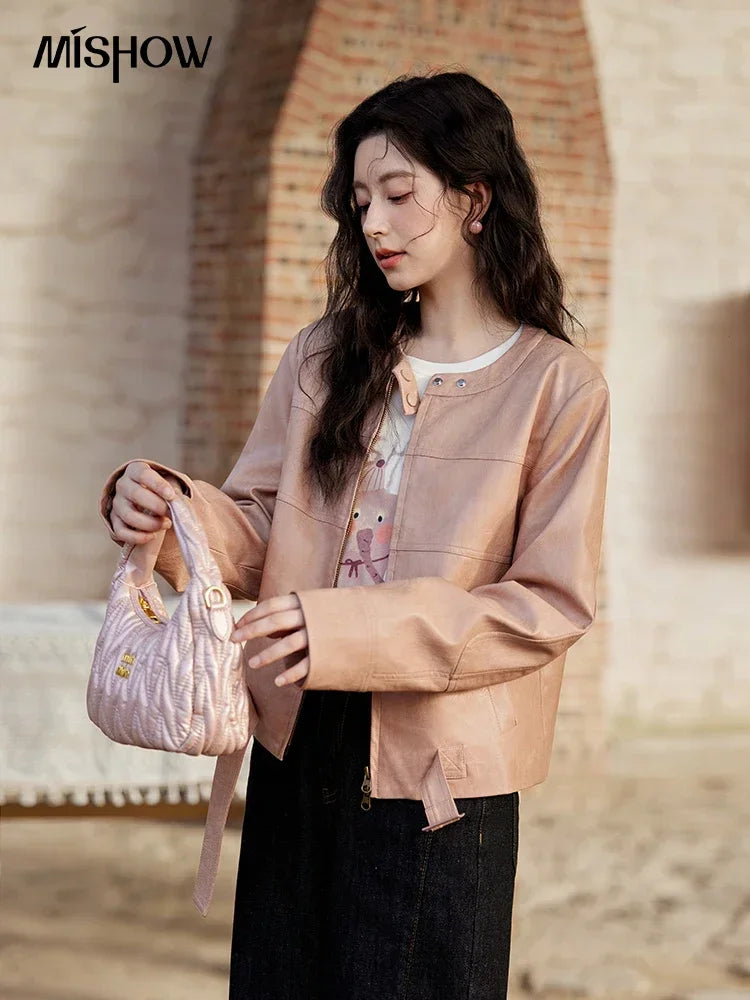 MISHOW Fashion Pink Leather Jacket Women's Spring 2025 New Shoulder Long Sleeved Slim Fit Leisure Tops Coat Female MXE11W0714