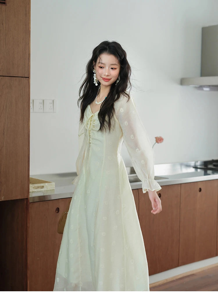 MISHOW Women's Cashew Flower Embroidered Dress 2025 Autumn V-neck Drawstring Long Sleeves Ladies Elegant Slim Dresses MXE41L2387