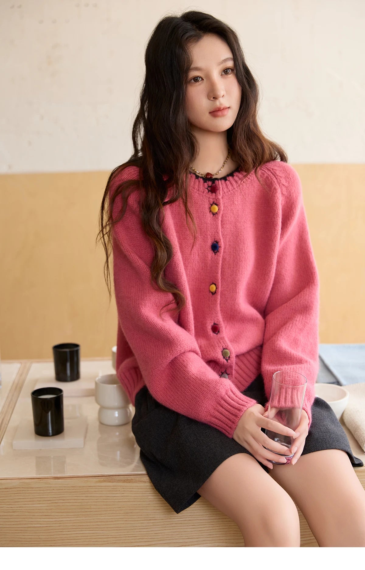 MISHOW Color Button Thickened Sweater for Women 2025 Winter Minimalist Loose Crew Neck Long Sleeves Cardigan Ladies MXE88Z2688
