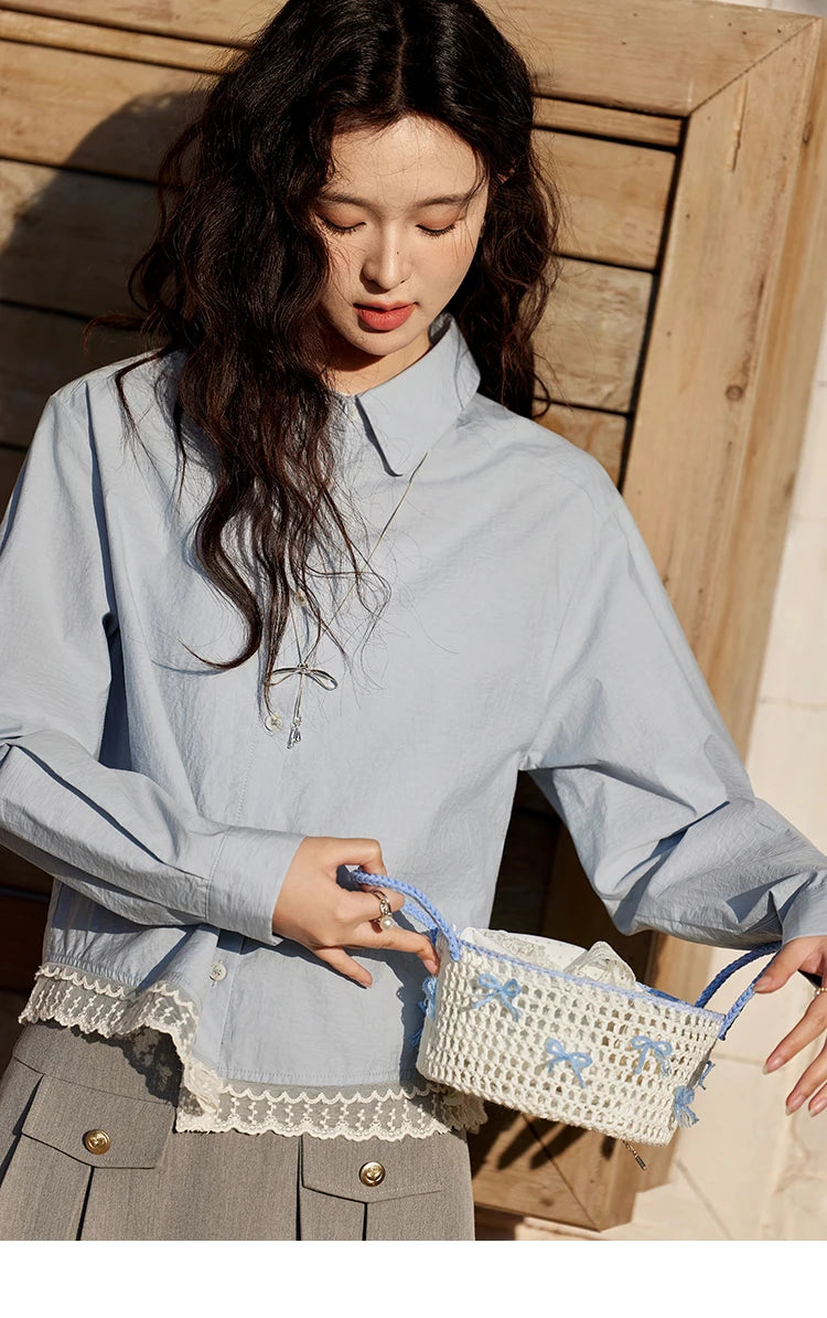 MISHOW Women's 100 Cotton Blue Shirt Spring 2025 Hem Lace Shirt Lapel Collar Commute Top Casual Solid Loose Shirts MXE12C0410
