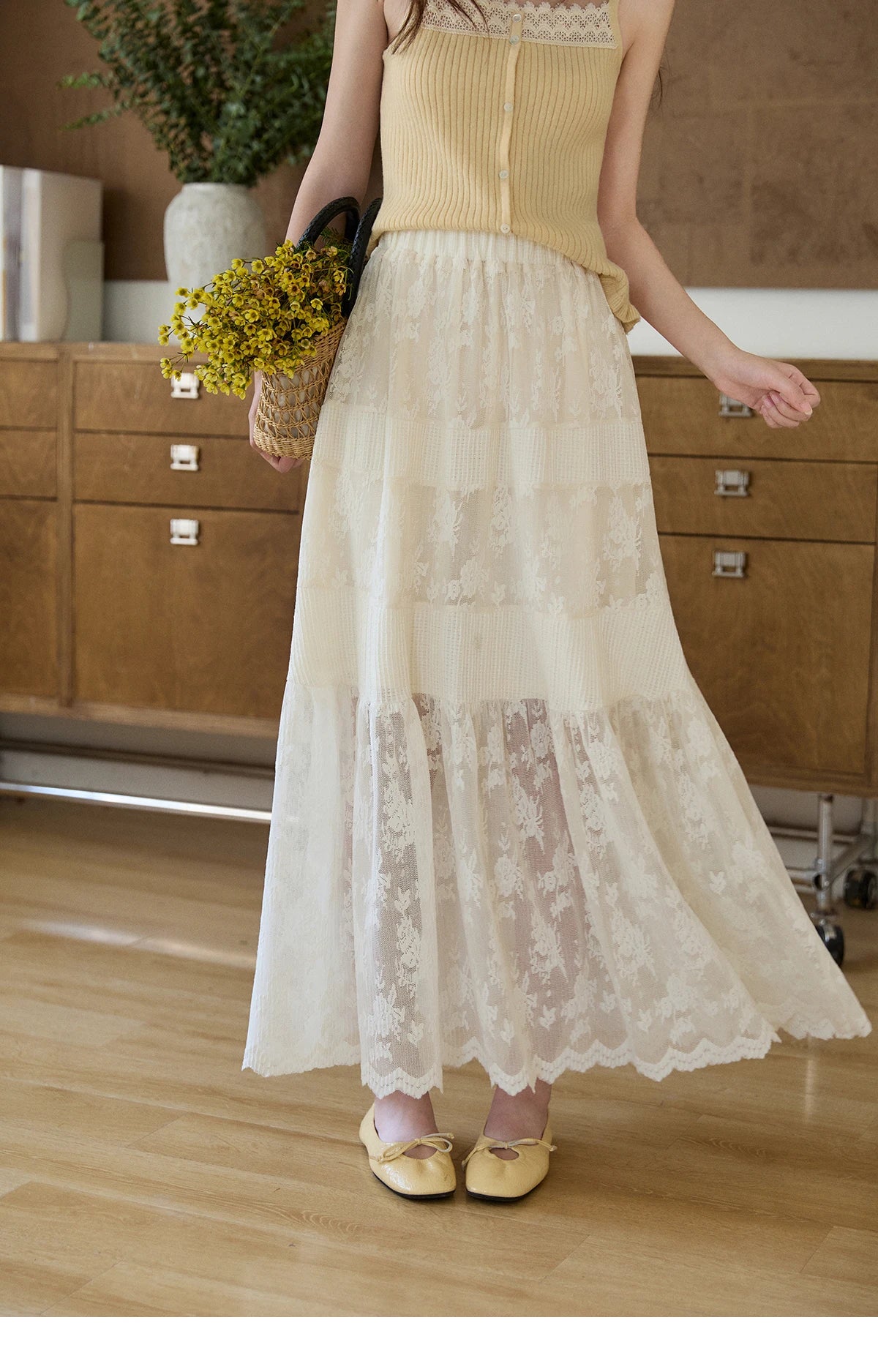 MISHOW Women's Cream Lace Maxi Skirt 2026 Spring Summer Floral Embroidery Tiered Ruffled High Waist Casual Long Skirt MXF11B2462