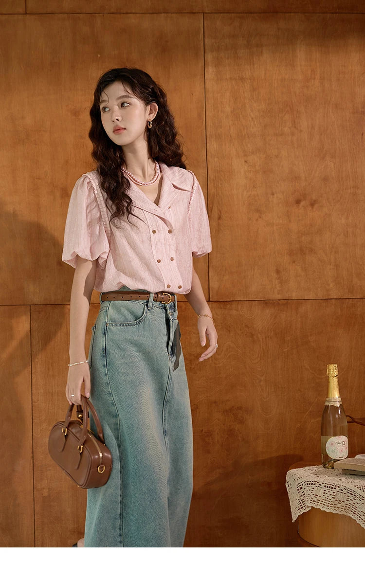 MISHOW Retro Pink Short Sleeved Shirt 2024 Summer V-neck Folded Ruffled Edge Top Elastic Cuffs Lapel Neck Blouses MXD29C0273
