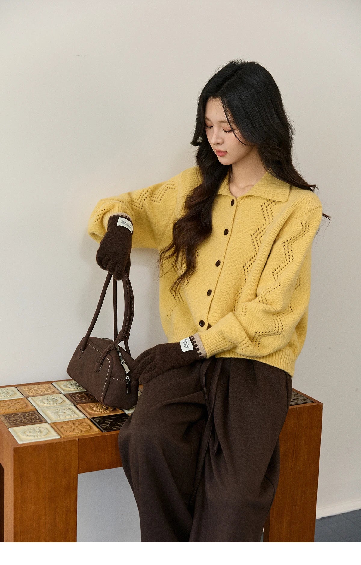 MISHOW Women's Hollow Pattern Knitted Cardigan 2025 Winter Yellow Lapel Single Breasted Sweater Loose Pullover Tops MXE94Z2961