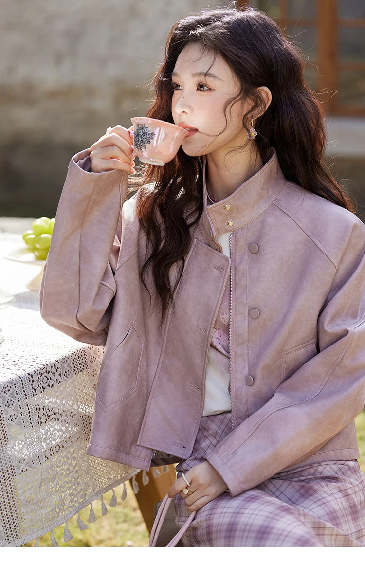 MISHOW Sweet Cool Blended Pink Purple Leather Coat Spring 2025 Stand Collar Motorcycle Style Jackets PU Leather Coats MXE13W0707