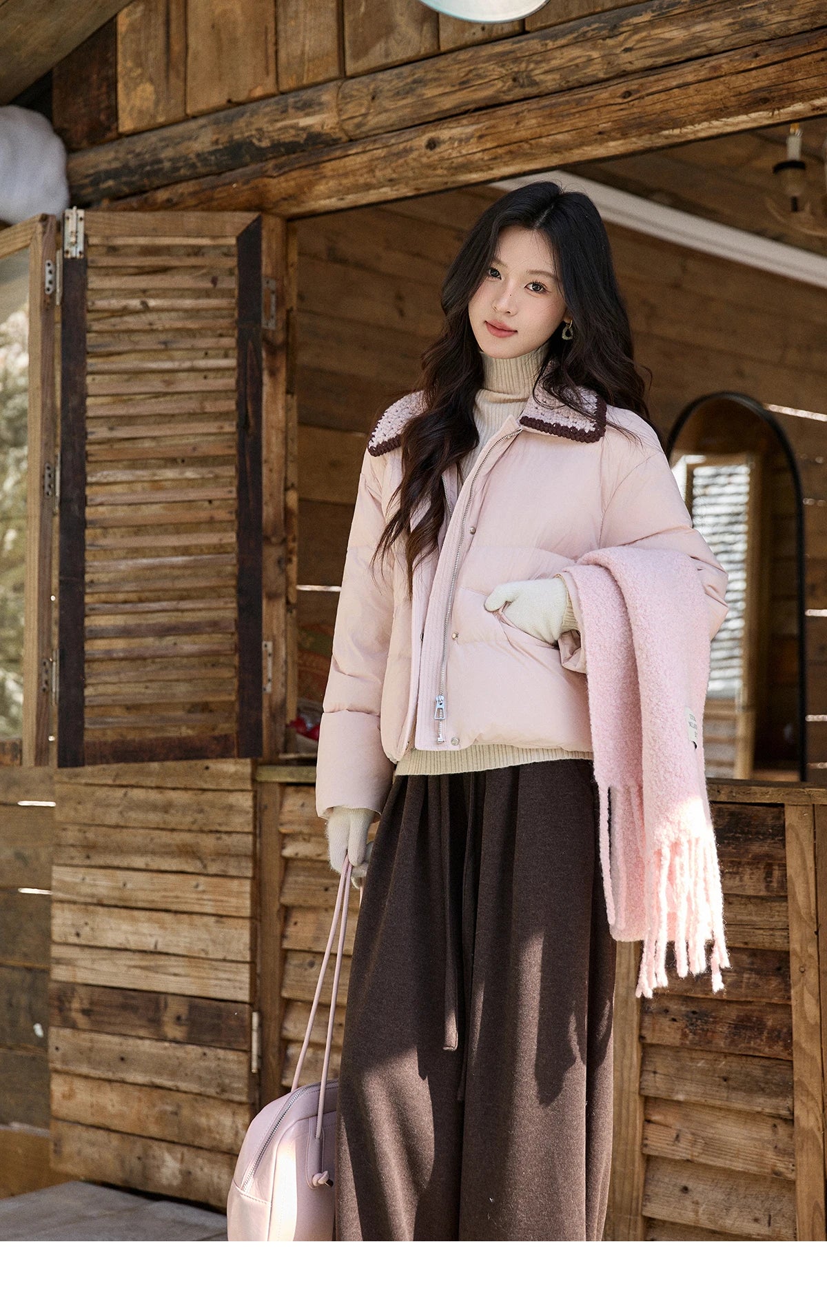 MISHOW Women's Sweet Knitted Lapel Collar Short Down Jacket 2025 Winter White Duck Down Single-Breasted Zipper Coat MXE94Y0094