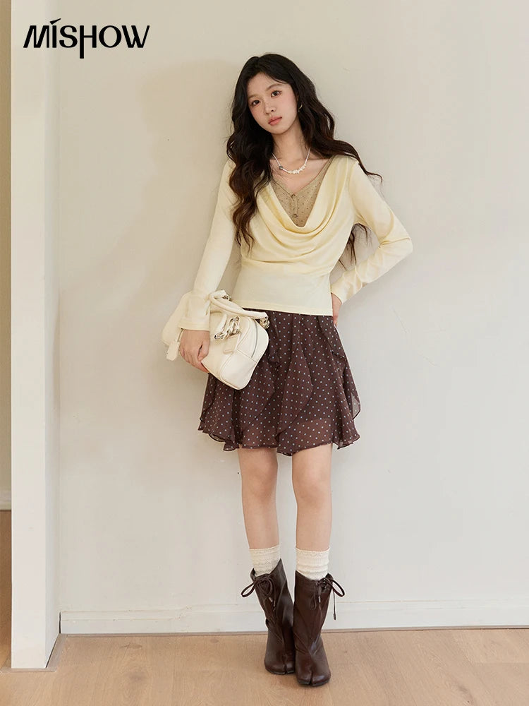 MISHOW Women's Wool Blend Fake Two Piece Draped Neck Knit Top 2026 Spring Wave Point Ribbon Contrast Color Casual Top MXF13Z2977