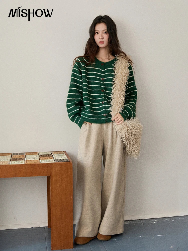 MISHOW Green Striped Cardigans for Woman 2025 Winter Knitted Cardigan Wool Blend Loose Retro Crew Neck Knit Sweater MXE86Z2735