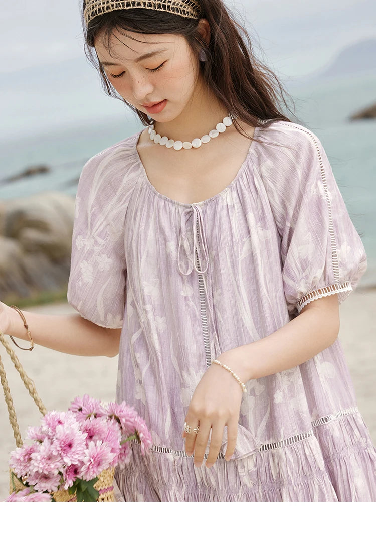 MISHOW Print Summer Chiffon Dress Women 2025 Short Sleeve U Neck Splicing Hollow Lace Midi Dresses Lady New Fashion MXE32L2164