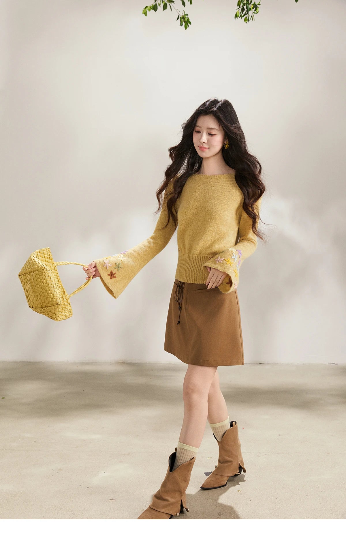 MISHOW Floral Embroidered Boat Neck Flare Sleeve Knit Tops 2026 Spring Side Button Slim Casual Soft Yellow Sweater MXE94Z2864