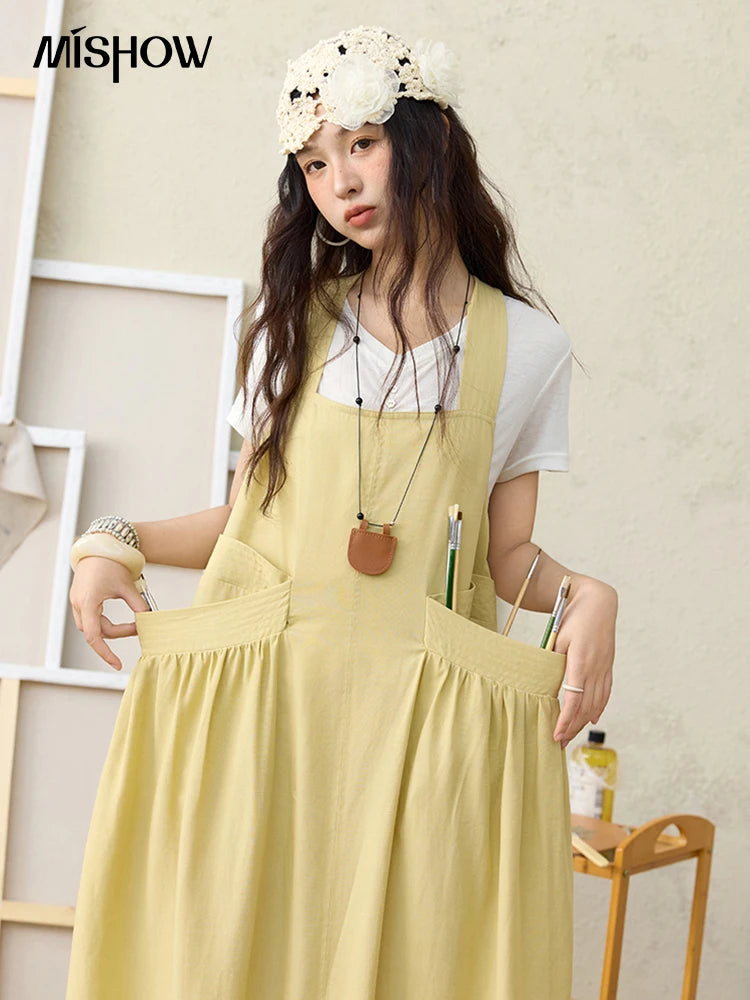 MISHOW Women's Cargo Large Pocket Strap Dress 2025 Summer Lemon-yellow Sleeveless Dress Retro Square Neck Loose Dress MXE35L2302