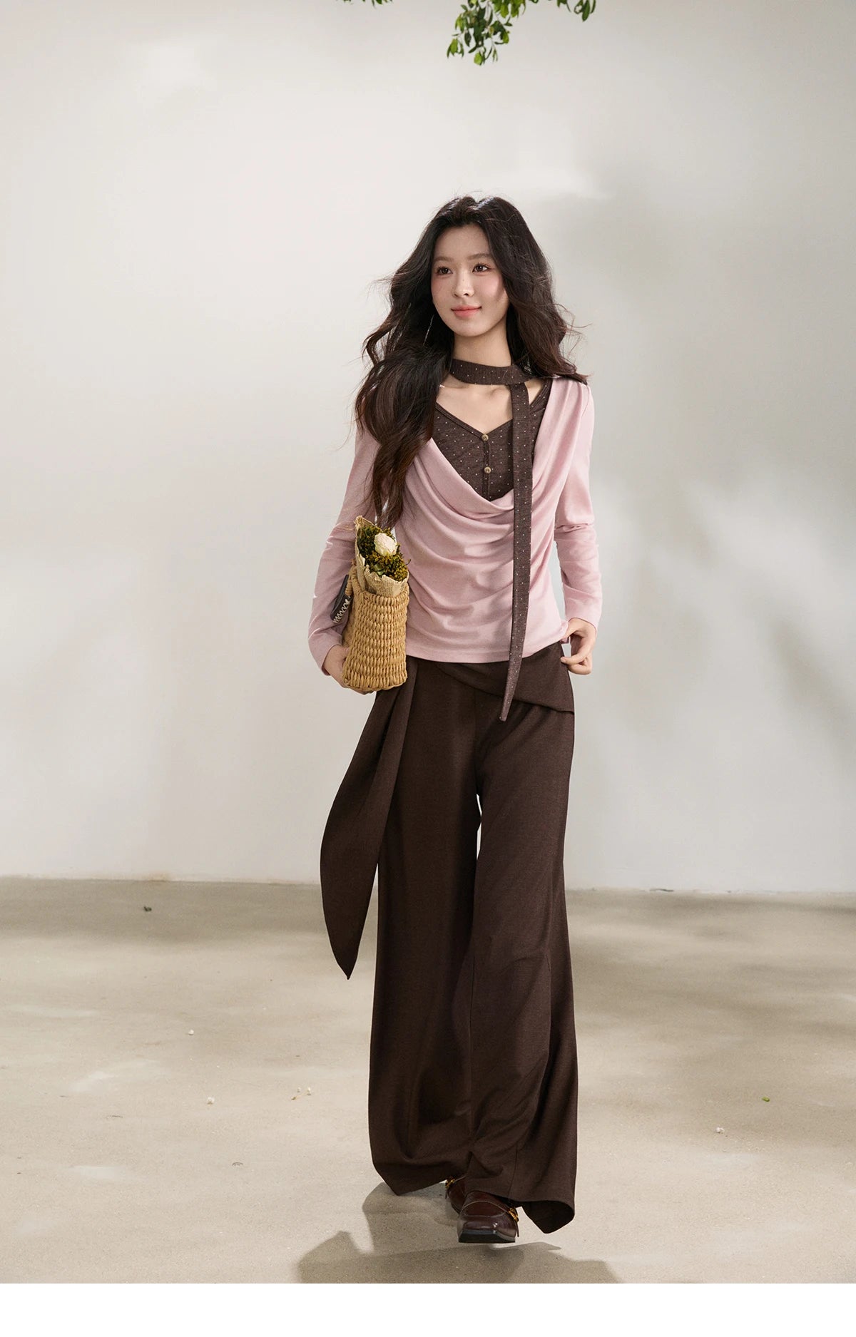 MISHOW Women's Wool Blend Fake Two Piece Draped Neck Knit Top 2026 Spring Wave Point Ribbon Contrast Color Casual Top MXF13Z2977