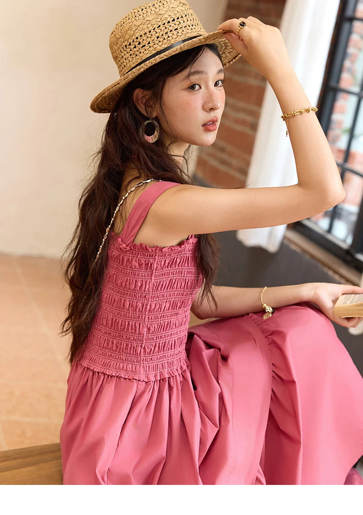 MISHOW Sling Square Collar Dress for Women 2025 Summer High Waist Pocket Fashion A-line Long Dress Ladies Clothing MXE36L2319