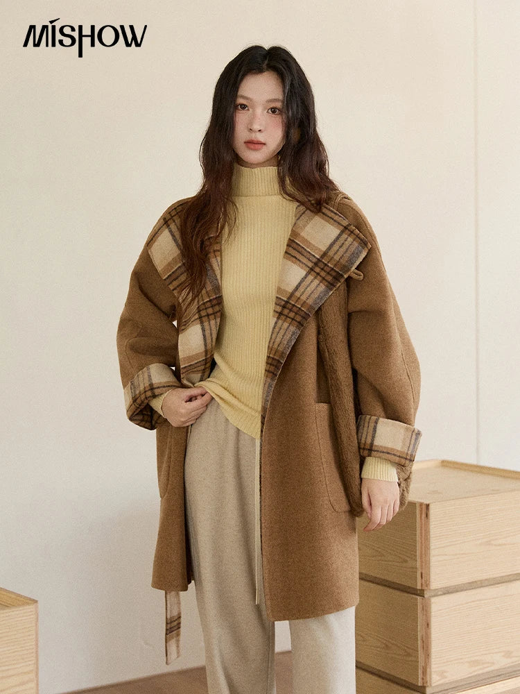 MISHOW Plaid Double-faced Wool Coat Women 2025 Winter Retro Lapel Single Buckle Loose Mid-length Coat Woman Clothes MXE89W0898