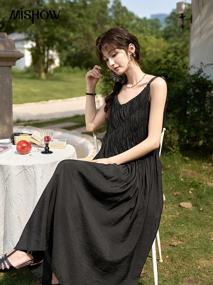 MISHOW French Retro Pleated Upper Suspender Dress for Women 2024 Summer Vacation Sleeveless Solid Mid Length Dresses MXD26L1939