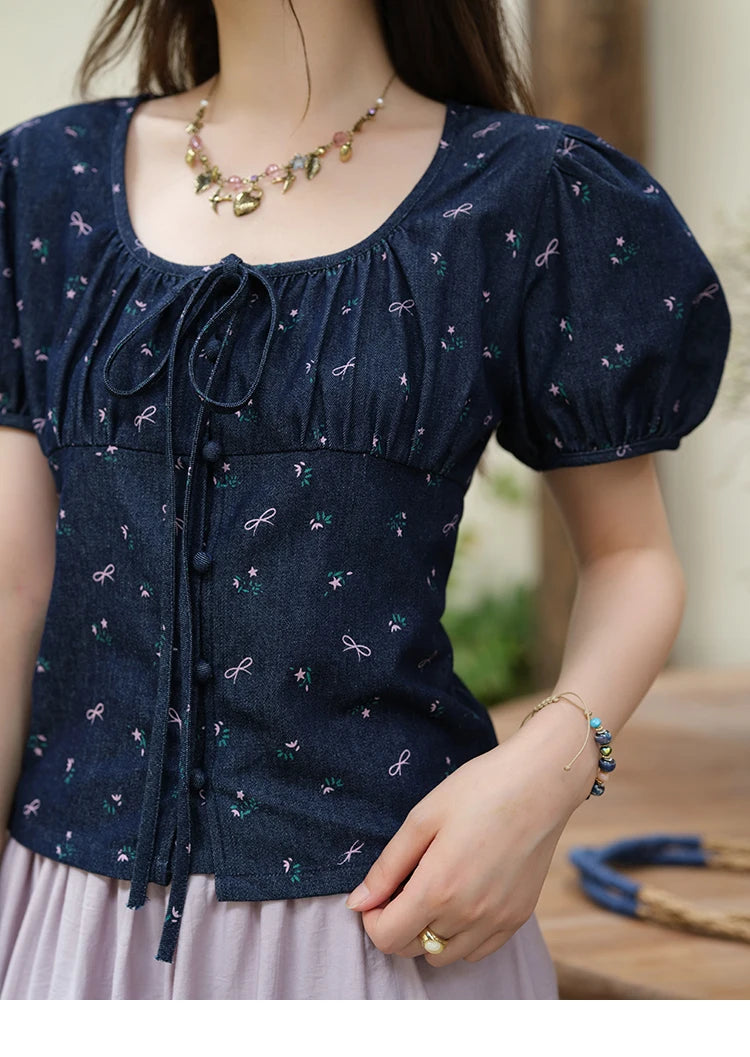 MISHOW Fashion Puff Sleeve Square Neck Blouse for Women 2025 Summer Lace Up Button Print Denim Top Women's Clothing MXE39X1933