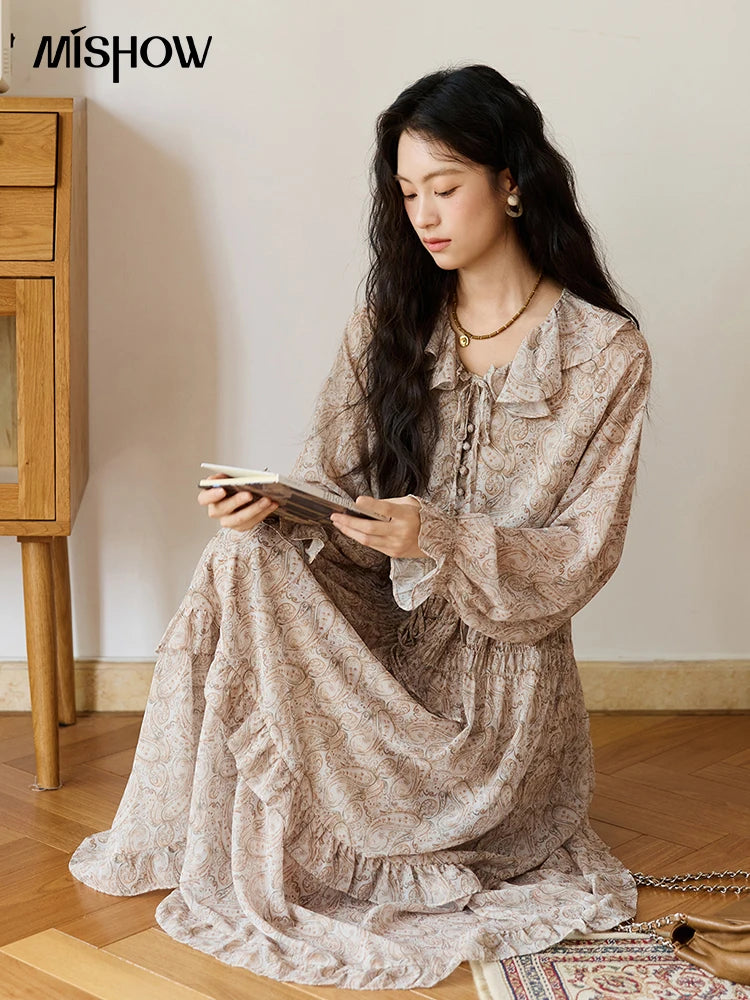 MISHOW Cashew Flower Dress for Woman 2025 Autumn Romantic Style Printed Dress Long Sleeve Ruffled Tie Waist Dress MXE46L2520