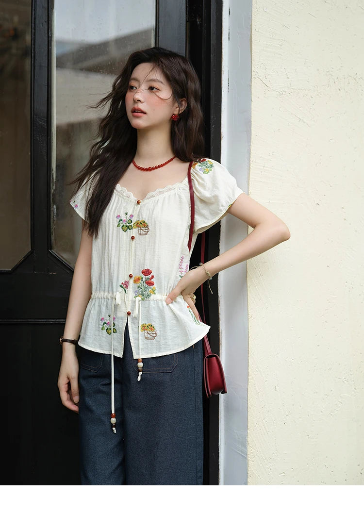 MISHOW Women's Fashion Flower Embroidery Blouse Summer 2025 Square Neck Lace Drawstring Short Top Ladies Clothing MXE37X1895