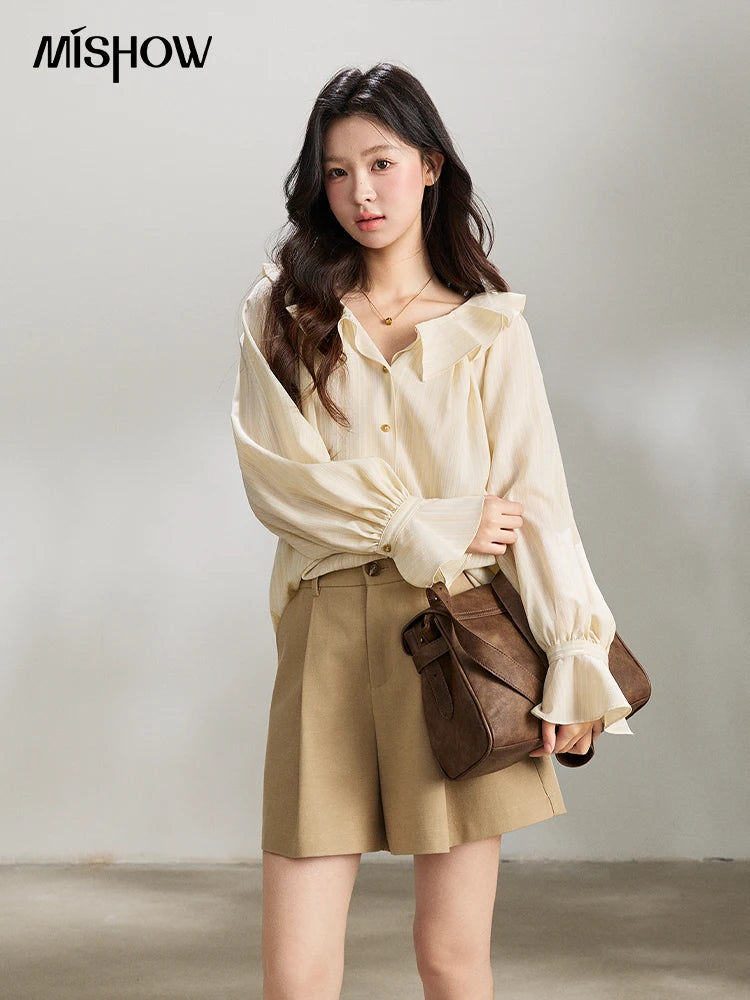 MISHOW Women's Ruffled Collar Striped Shirt 2026 Spring Flare Sleeve Elegant Casual Loose Long Sleeve Top Office Lady MXF13C2438