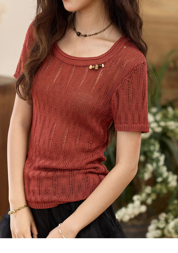 MISHOW Retro Red Hollow Thin Knitted Sweater Shirt for Women 2025 Summer Beads Short Sleeves Knitted Breathable Top MXE35Z1271