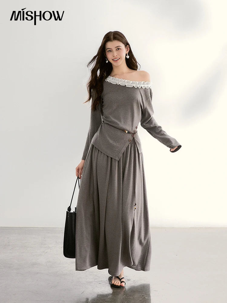 MISHOW Women's Grey Irregular Top Elastic Waist Skirt Two-Piece Set Spring Off-Shoulder Lace Trim Top Maxi Skirt Set MXF13T1479
