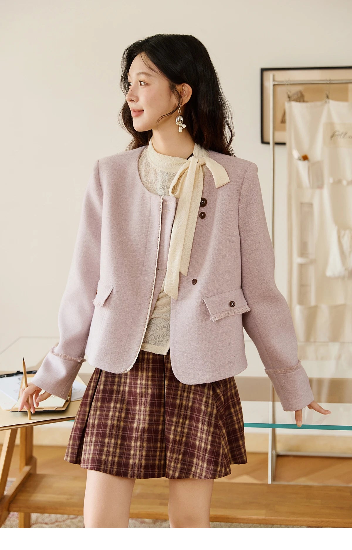 MISHOW Purple Woolen Coat for Women Autumn 2025 Slanted Placket Splicing Lace Coats Shoulder Pads Retro Short Jackets MXE47W0840
