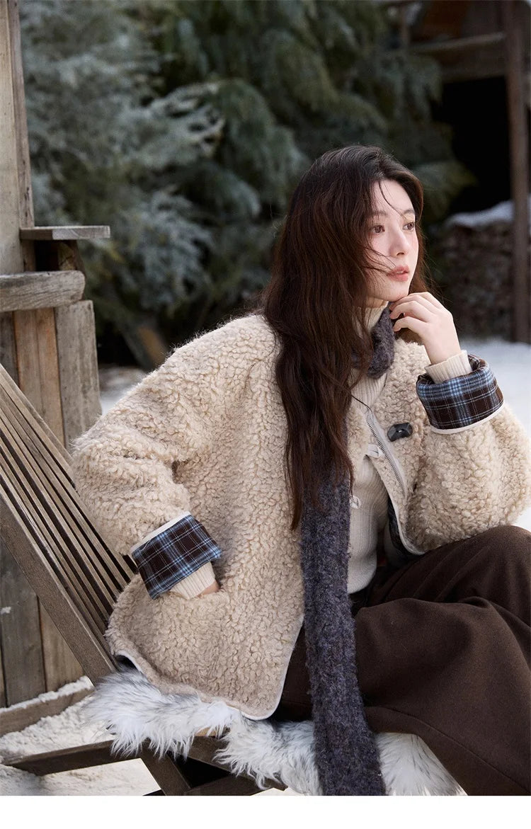 MISHOW Plaid Patchwork Curly Lambswool Coat Winter 2025 Women's Fashion Coat Double-Front Retro Casual Loose Jacket MXE87W0939