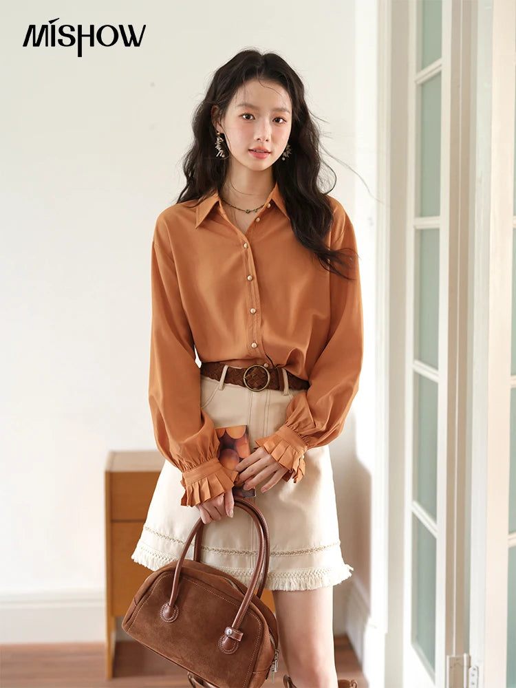 MISHOW Women's Shirts 2025 Autumn Color Blocking Buttons Pleated Cuffs Loose Top Female Solid Lapel Commuting Shirts MXE41C2352
