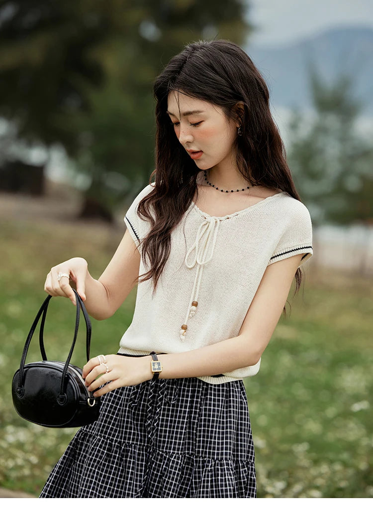 MISHOW Office Lady Summer Knitted Sweater V-neck Short Sleeve Solid Slimming Bead Design Pullover Female Lazy Tops MXE33Z1227
