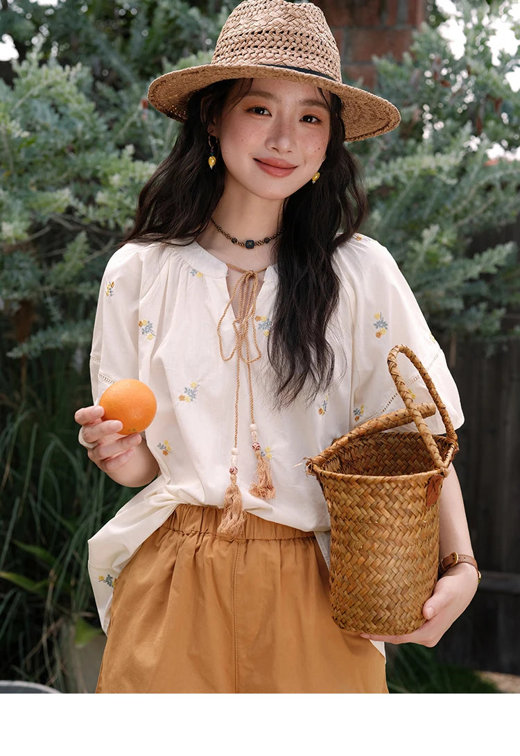 MISHOW Women Two-Piece Set 2025 Summer Puff Sleeve Lace Up Top Hollow Lace Spliced Elastic Waist Shorts Ladies Set MXE38T0684