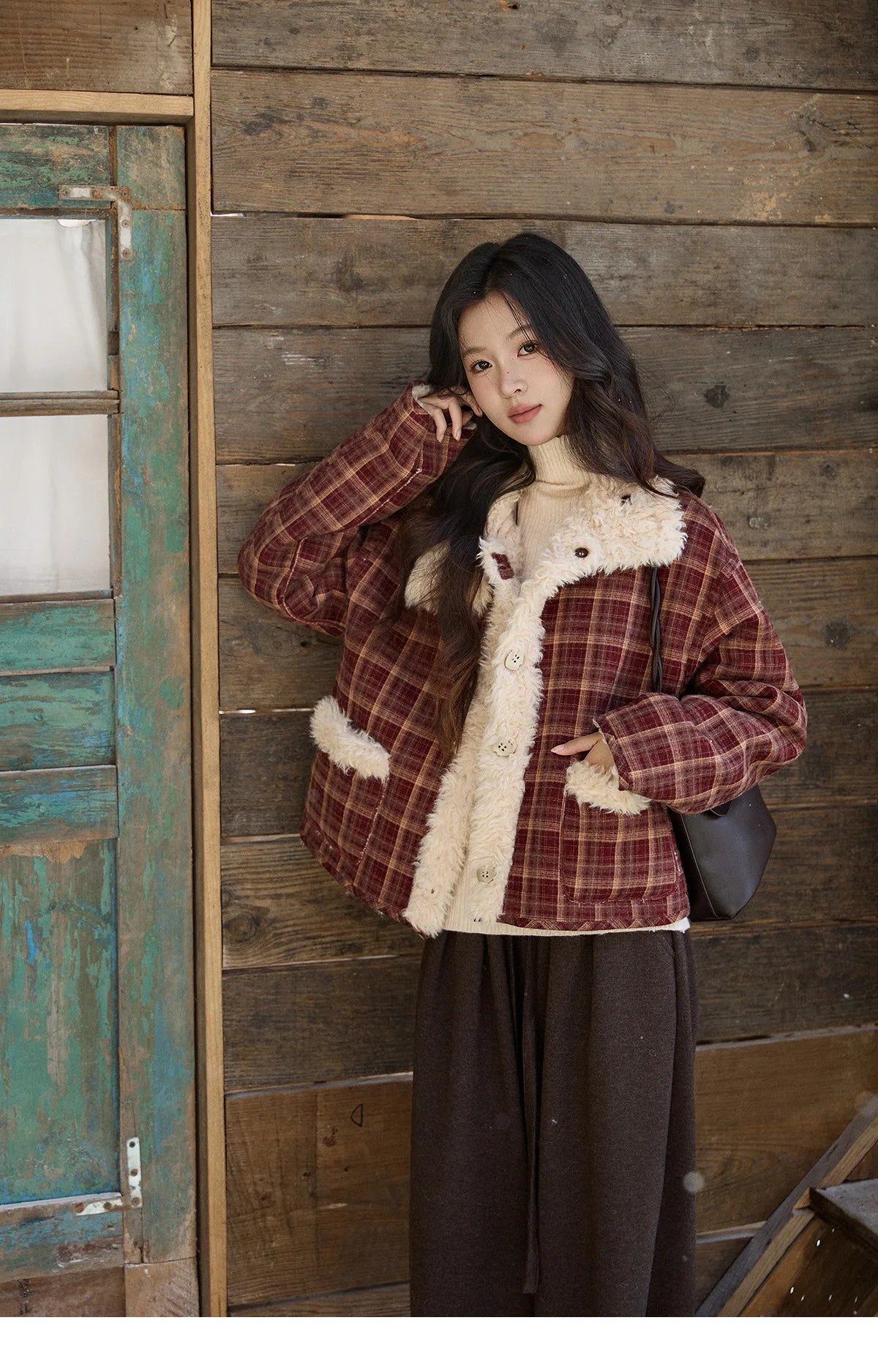 MISHOW Christmas Women's Reversible Retro Red Plaid Lamb Wool Coat 2025 Winter Loose Warm Fur-Lined Lapel Outerwear MXE93W1009