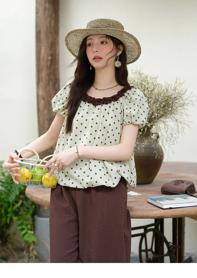 MISHOW 2025 Summer Women's Two Piece Set Polka Dot Puff Sleeve Top Casual Pocket Wide Leg Pants Set Female Clothing MXE39T0657