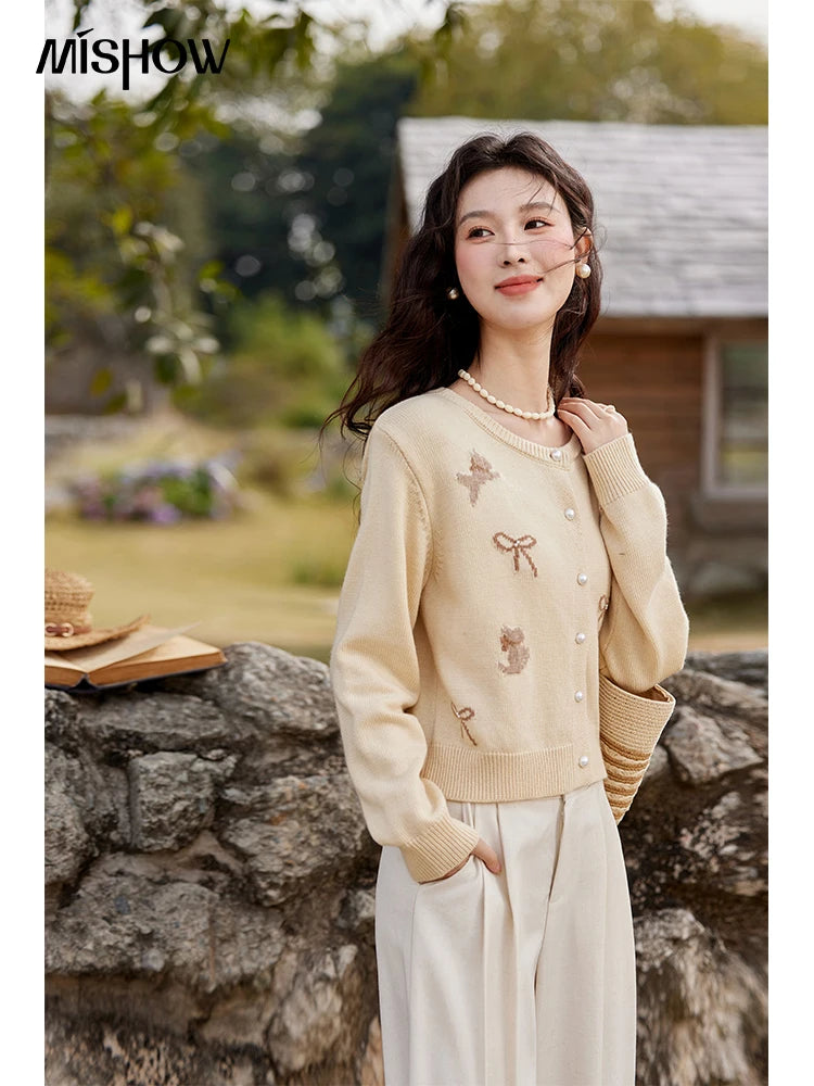 MISHOW Dog Bow Jacquard Knitted Sweater 2025 Spring Yellow Single Row Pearl Button Top Round Neck Elegant Sweaters MXE13Z1197