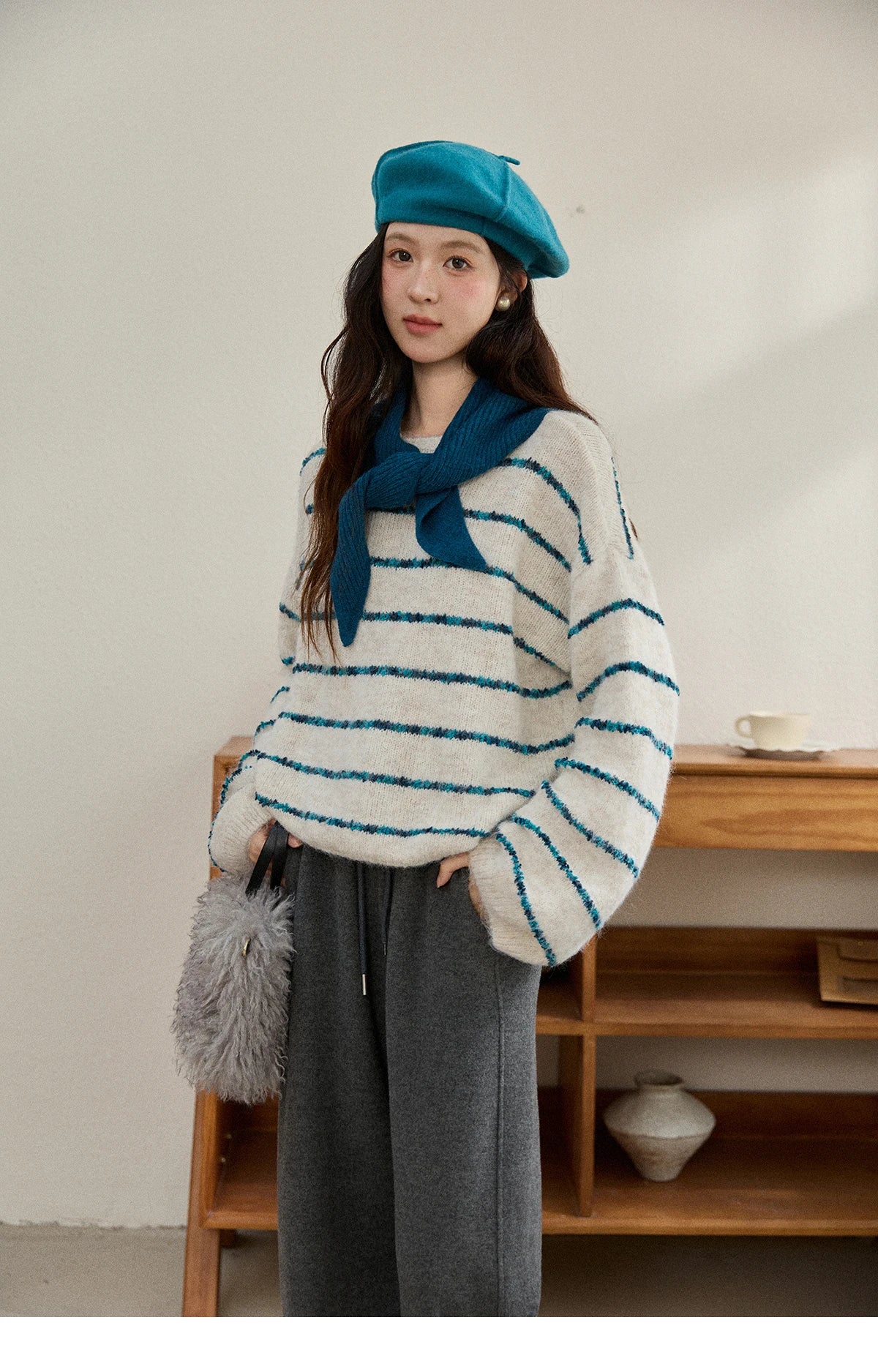 MISHOW Women's Blue Striped Sweater 2025 New Alpaca Wool Shawl Scarf Set Retro Loose Casual Knit Top Winter Clothes MXE90Z2821