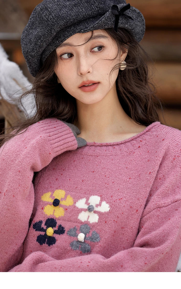 MISHOW Wool Blend Yarn Knitted Sweater Flower Color Dots Design 2024 Winter Women O-Neck Pullovers Lazy Sweaters MXD56Z1066