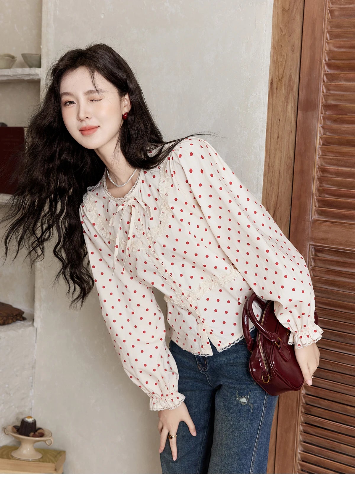MISHOW Lace Up Polka Dot Round Neck Lace Shirt for Women Autumn 2024 Thin Sweets Shirt Elastic Petal Cuffs Chic Top MXD44X1667