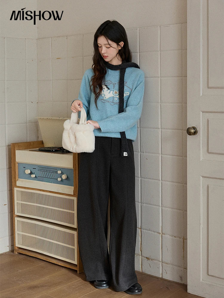 MISHOW Women's Gray Woolen Blend Wide-Leg Pants Winter High Waist Draped Straight Thick Back Elastic Waist Trousers MXE93K1143