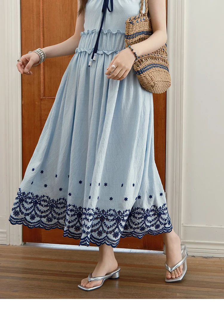 MISHOW Women's Bohemian Embroidery Dress 2025 Summer Ladies Fashion V-neck Lace Up Flower Bud Sleeve Blue Long Dress MXE36L2244